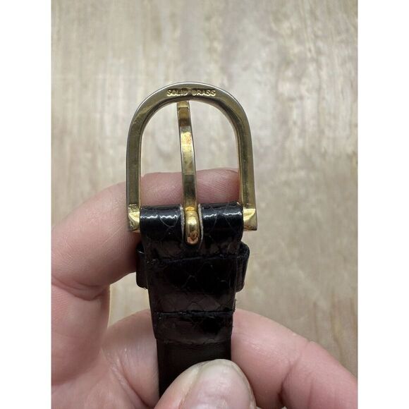 Macys Genuine Snake Skin Skinny Black Belt Large Brass Buckle - Picture 2 of 6